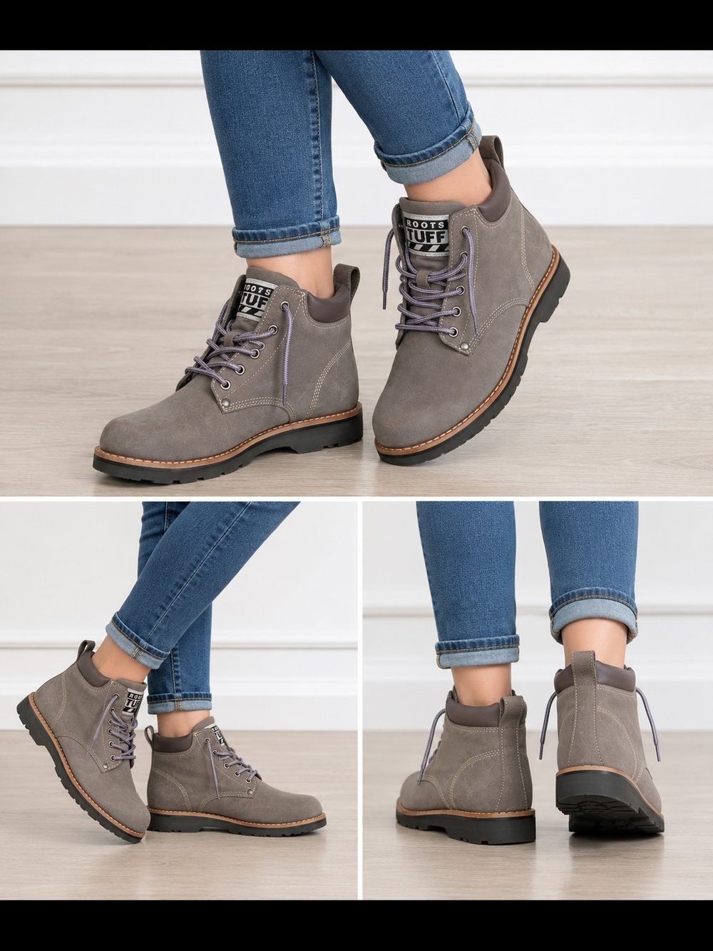 Roots TUFF Gray Leather Lace-Up Winter Ankle Boots